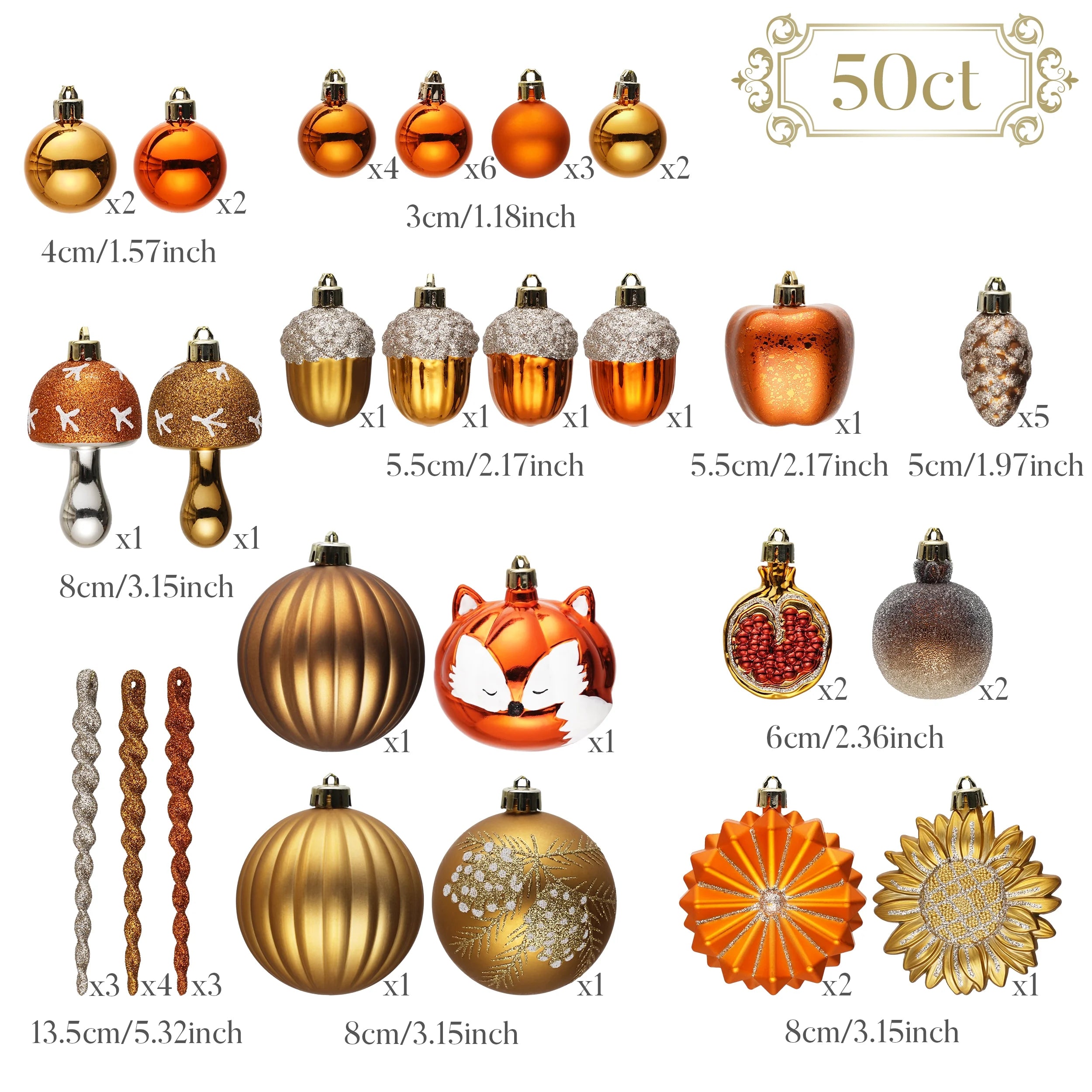 50Ct Fall Decor Shatterproof Fall Ornaments Fall Decorations for Home, Orange Hanging Thanksgiving Decorations with Fox Flowers for Harvest Holiday Party Gift