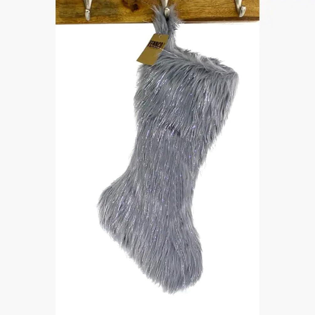 Holiday Exquisite Faux Fur with Silver Metallic Christmas Stocking, Grey, 8" W X 19" L