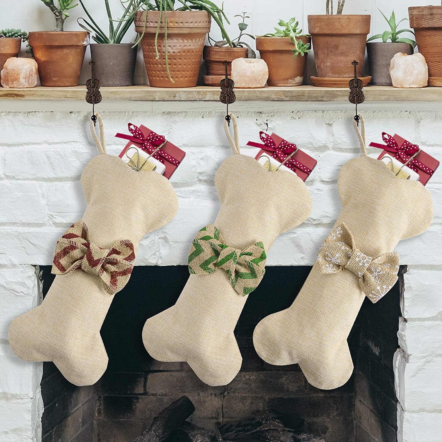 Dog Bone Christmas Stockings 16 Inch Large Line Pet Christmas Stockings with Bowknot Burlap Fireplace Hanging Stockings Gift Bags for Christmas Decorations