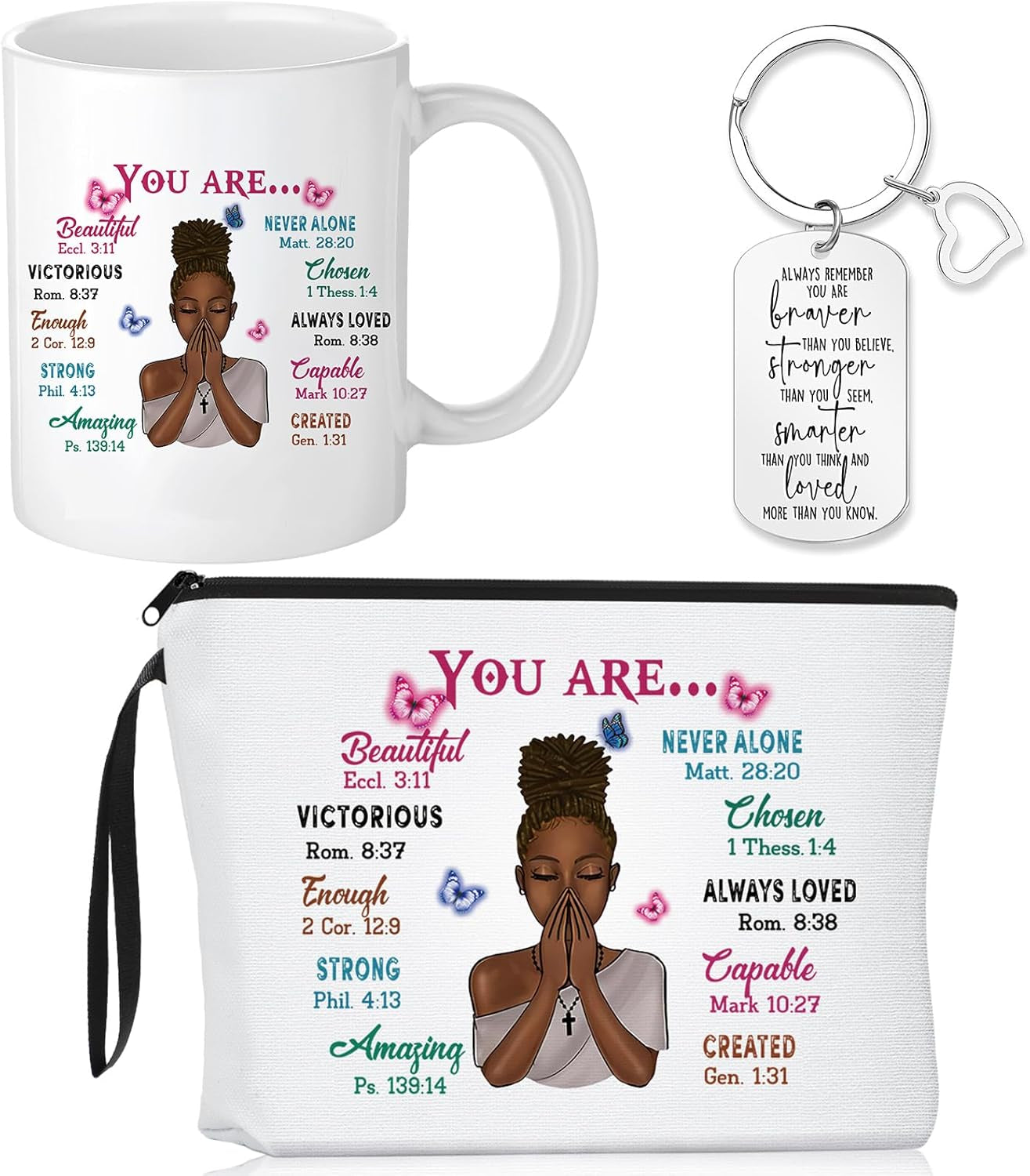 3 Pcs Christian Gifts for African American Women Bible Verse Makeup Bag Christian Pencil Pouch 11 Oz Religious Coffee Mug Inspirational Keychain Faith Based You Are Loved Gifts