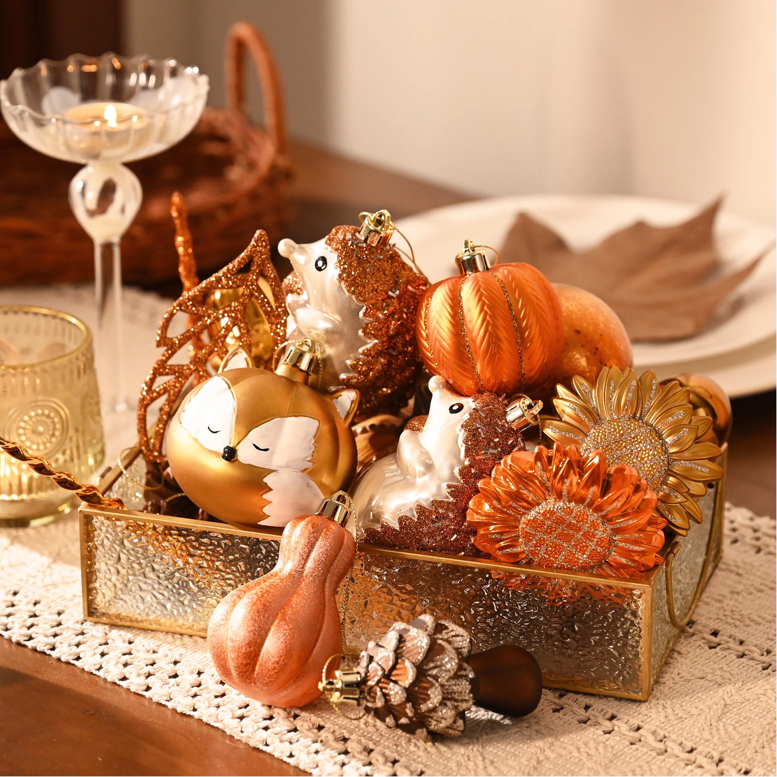 40Ct Shatterproof Fall Ornaments Orange Hanging Harvest Decor Thanksgiving Decorations with Hedgehogs Flowers for Harvest Holiday Party Gift