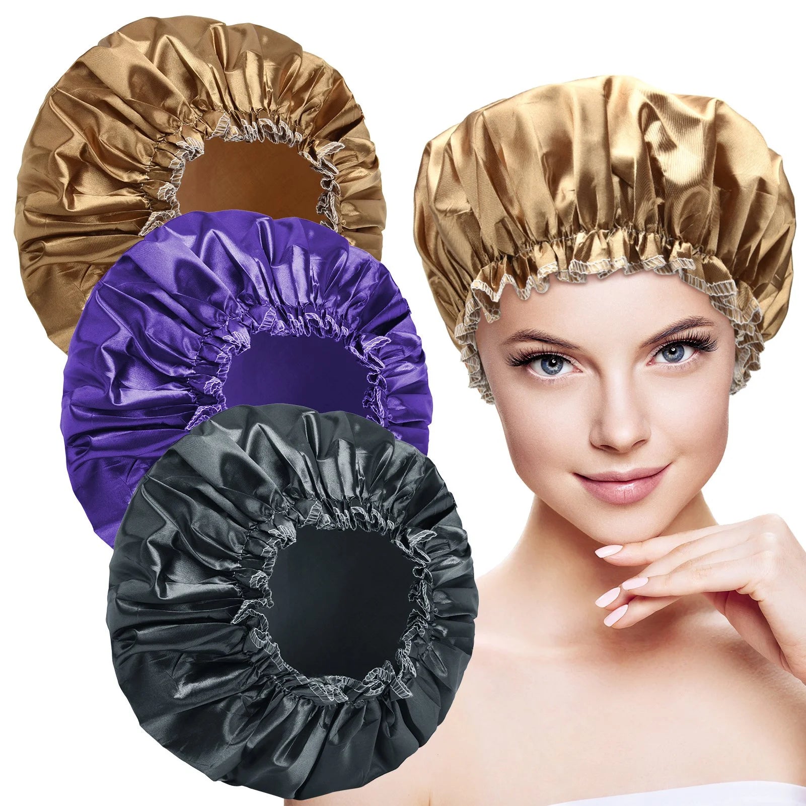 HEQUSIGNS 3 Pcs Satin Shower Cap, Double Layer Washable Shower Cap, Adjustable Elastic Band Bath Cap for Women Girls