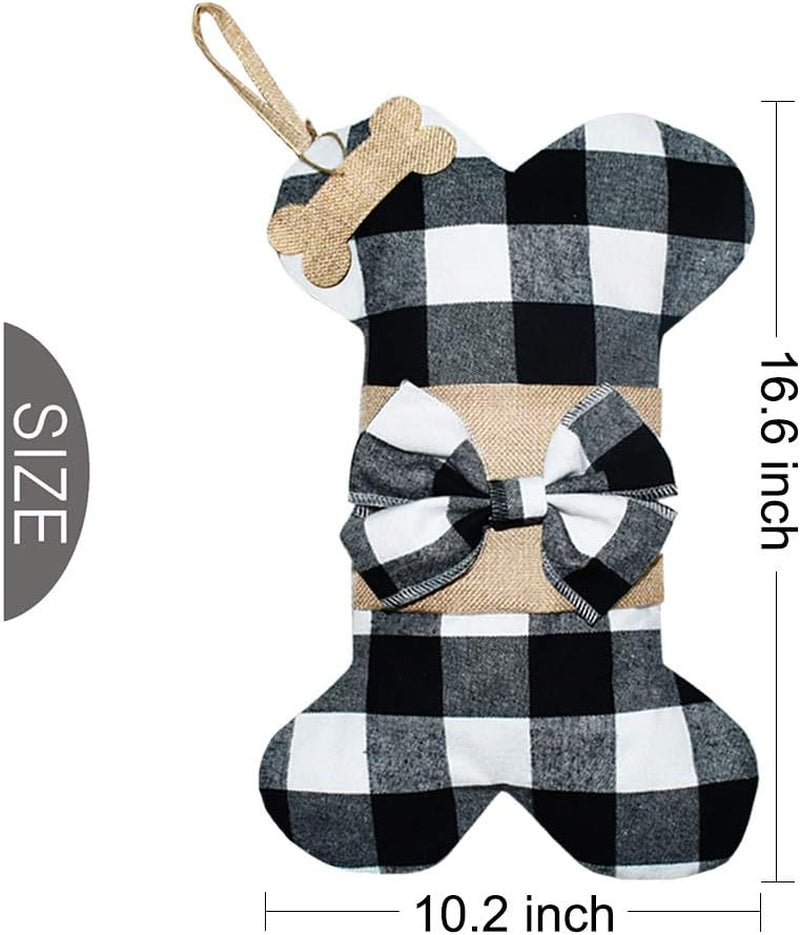 2 Pack Pet Dog Christmas Stockings Buffalo Black White Plaid Burlap Large Bone Shape Hanging Christmas Stocking for Dogs Pets