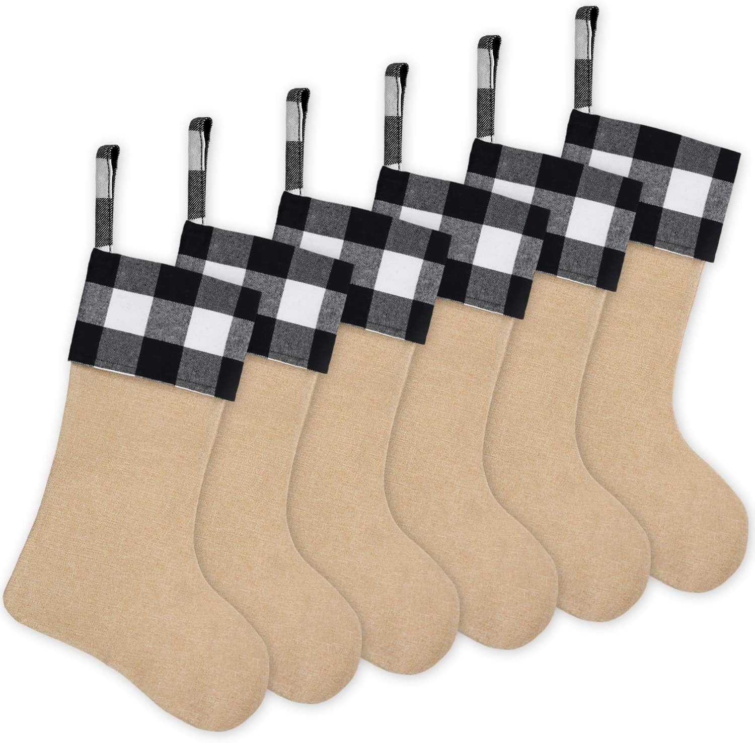 6 Pack Burlap Christmas Stockings- 18 Inch Big Christmas Stockings with Buffalo Check Cuff Fireplace Hanging Stockings for Family Christmas Decoration Holiday Season Party Decor