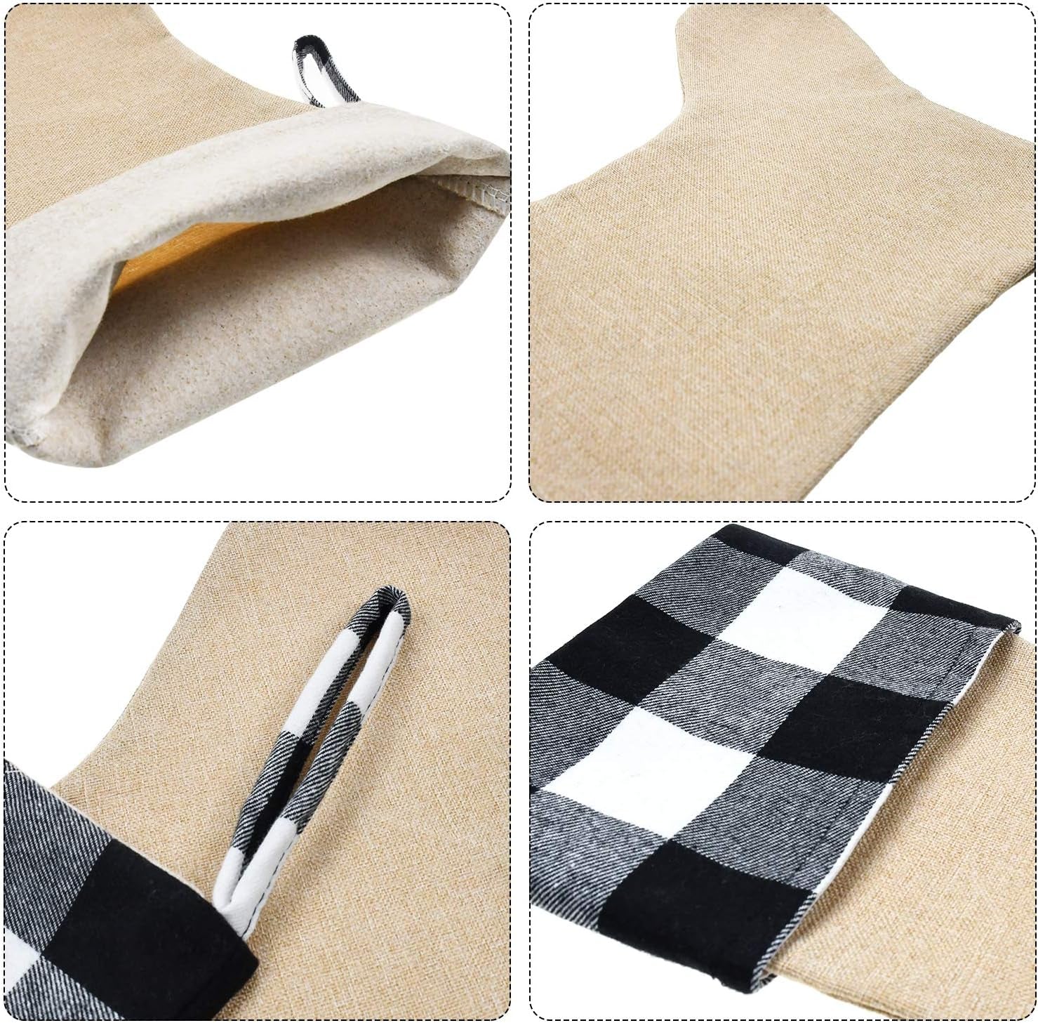 6 Pack Burlap Christmas Stockings- 18 Inch Big Christmas Stockings with Buffalo Check Cuff Fireplace Hanging Stockings for Family Christmas Decoration Holiday Season Party Decor