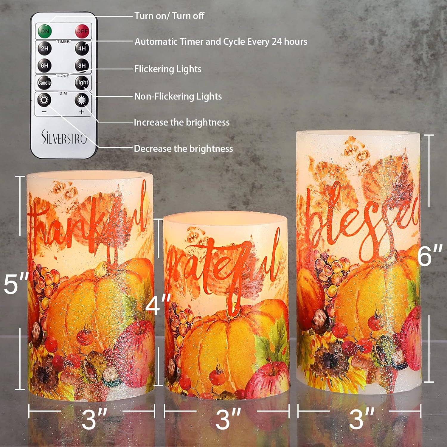 Pumpkin Flameless Candles with Remote Real Wax LED Candles - Home Party Christmas Botanical Fall Thanksgiving Decor - Set of 3