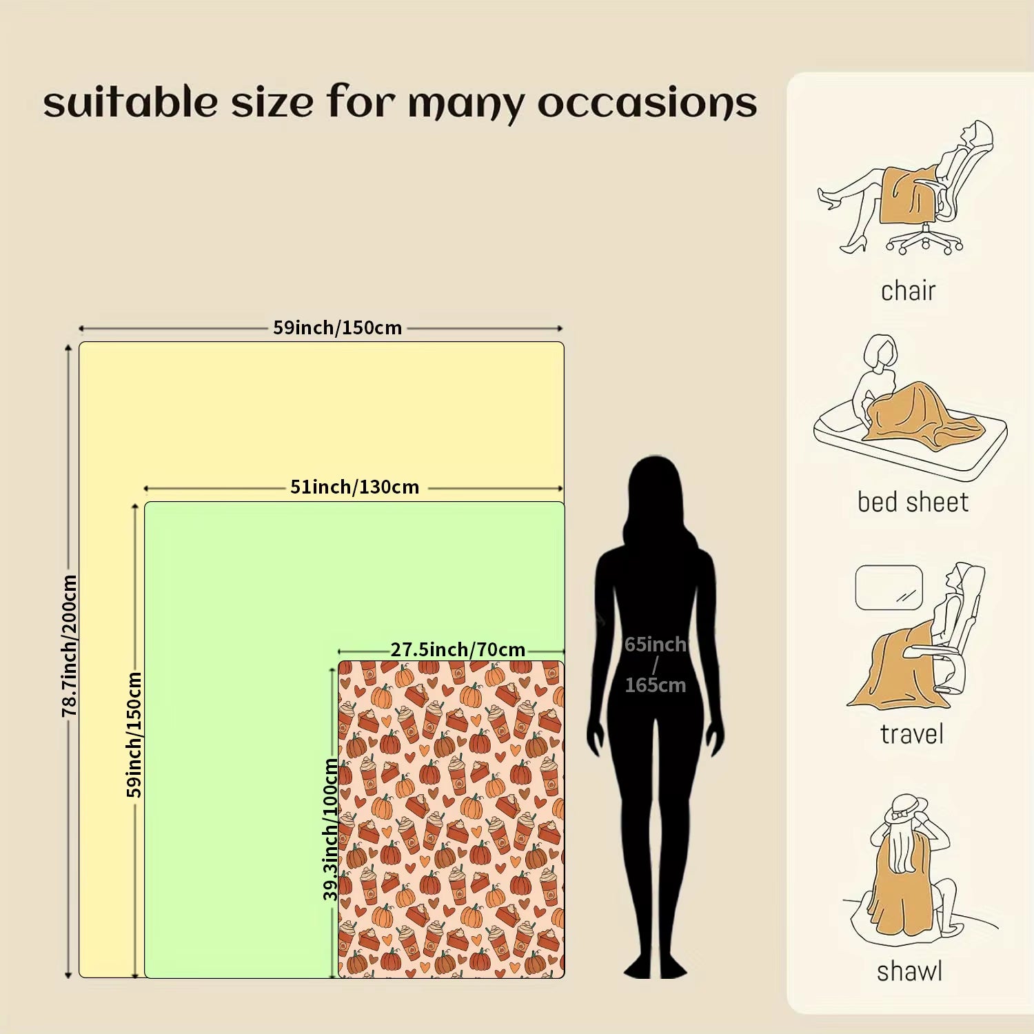 1Pc Pumpkin Spice Latte Fall Thanksgiving Blanket - Soft Flannel Throw with Pumpkin, Beige Autumn Decor for Home, Office