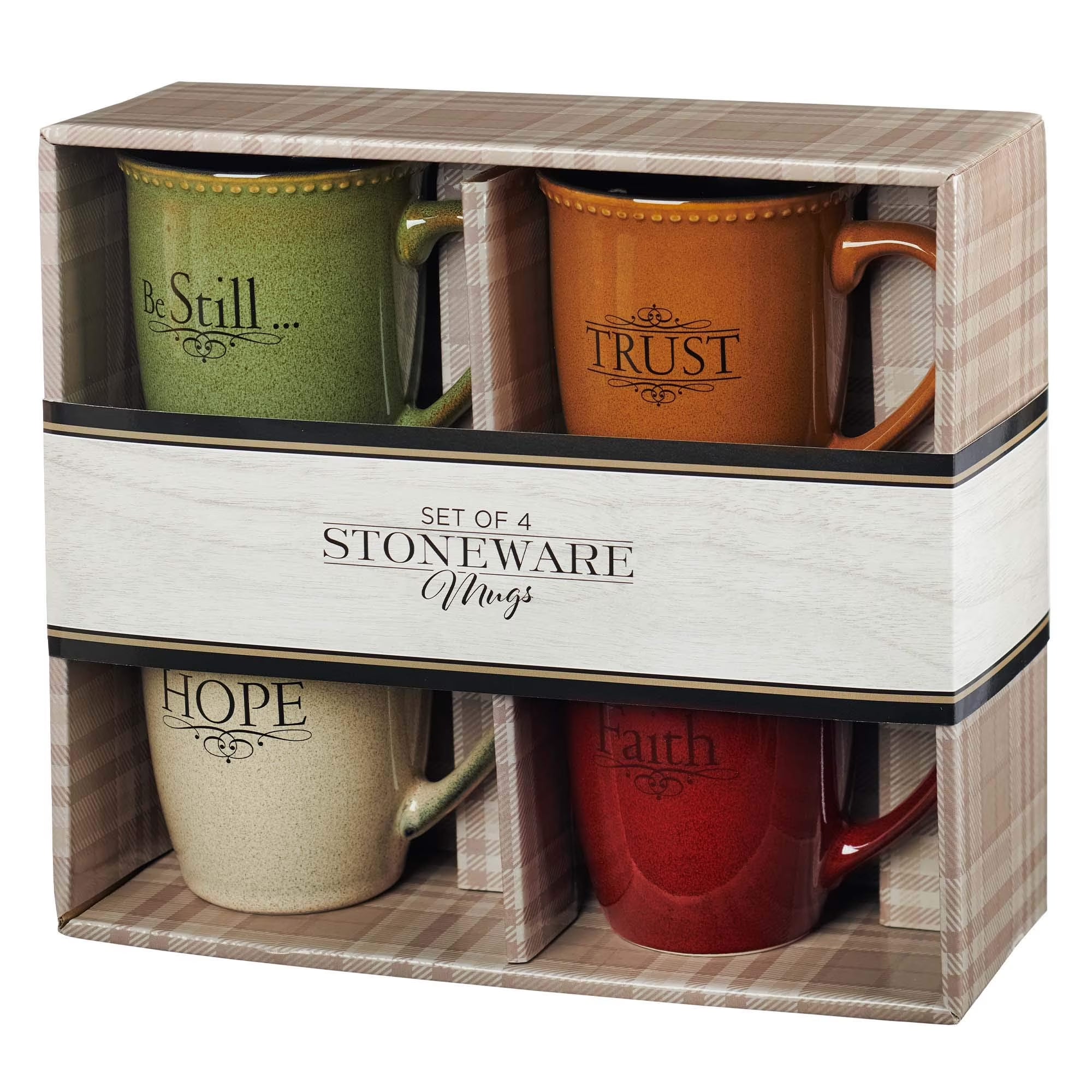 Set of Four Rustic Stoneware Coffee/Tea Mugs W/Bible Verses Sage Green, Ivory, Paprika Red, Pumpkin Orange Inspirational Coffee/Tea Cup for Men and Women
