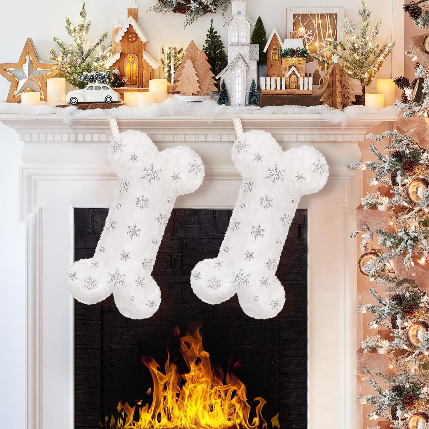 Pet Dog Christmas Stocking, Xmas Luxury Faux Fur Large Bone Shape Hanging with Silver & Gold Snowflakes Sequin Decorations Pets Christmas Stockings for Dogs Cats Pets (Gold Sequins)