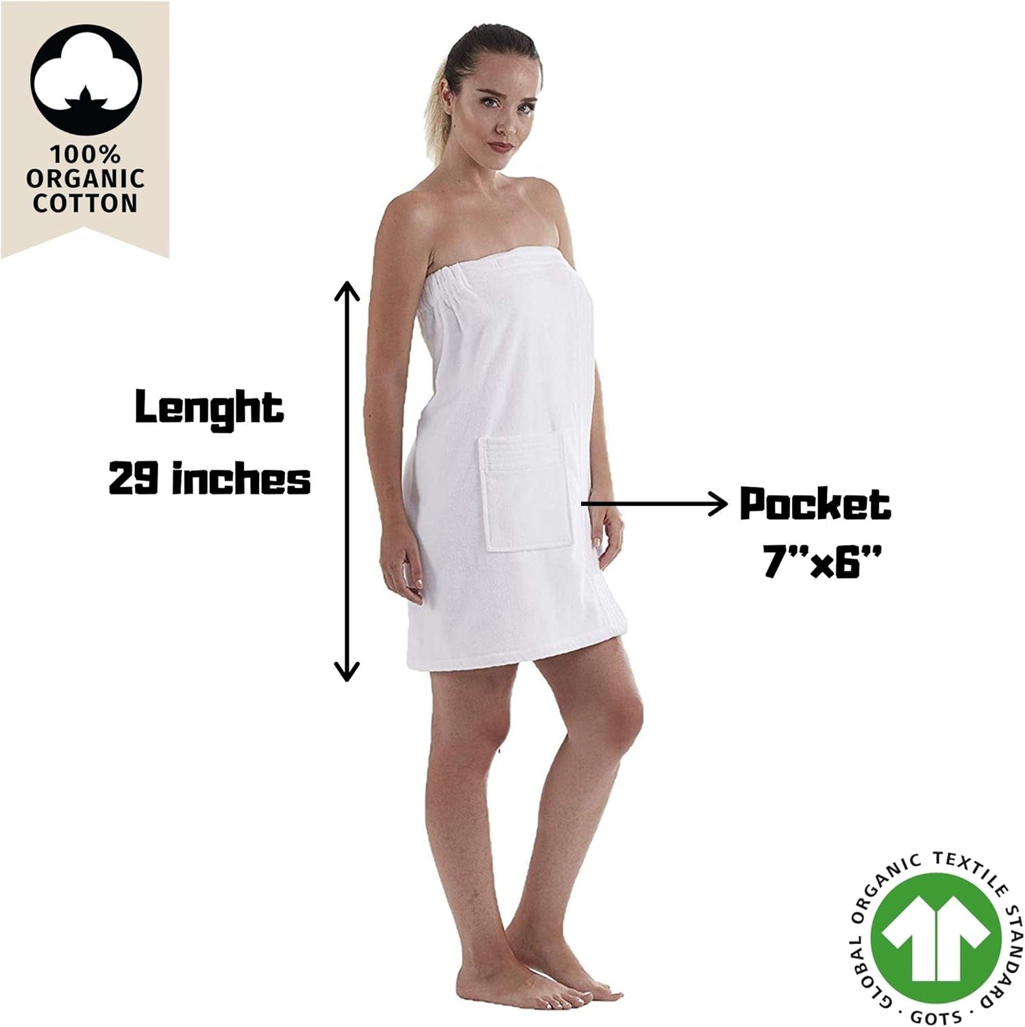 C&B Women'S Wrap Towel - 100% Organic Turkish Cotton Adjustable for Spa Gym Pool W Pocket (White)