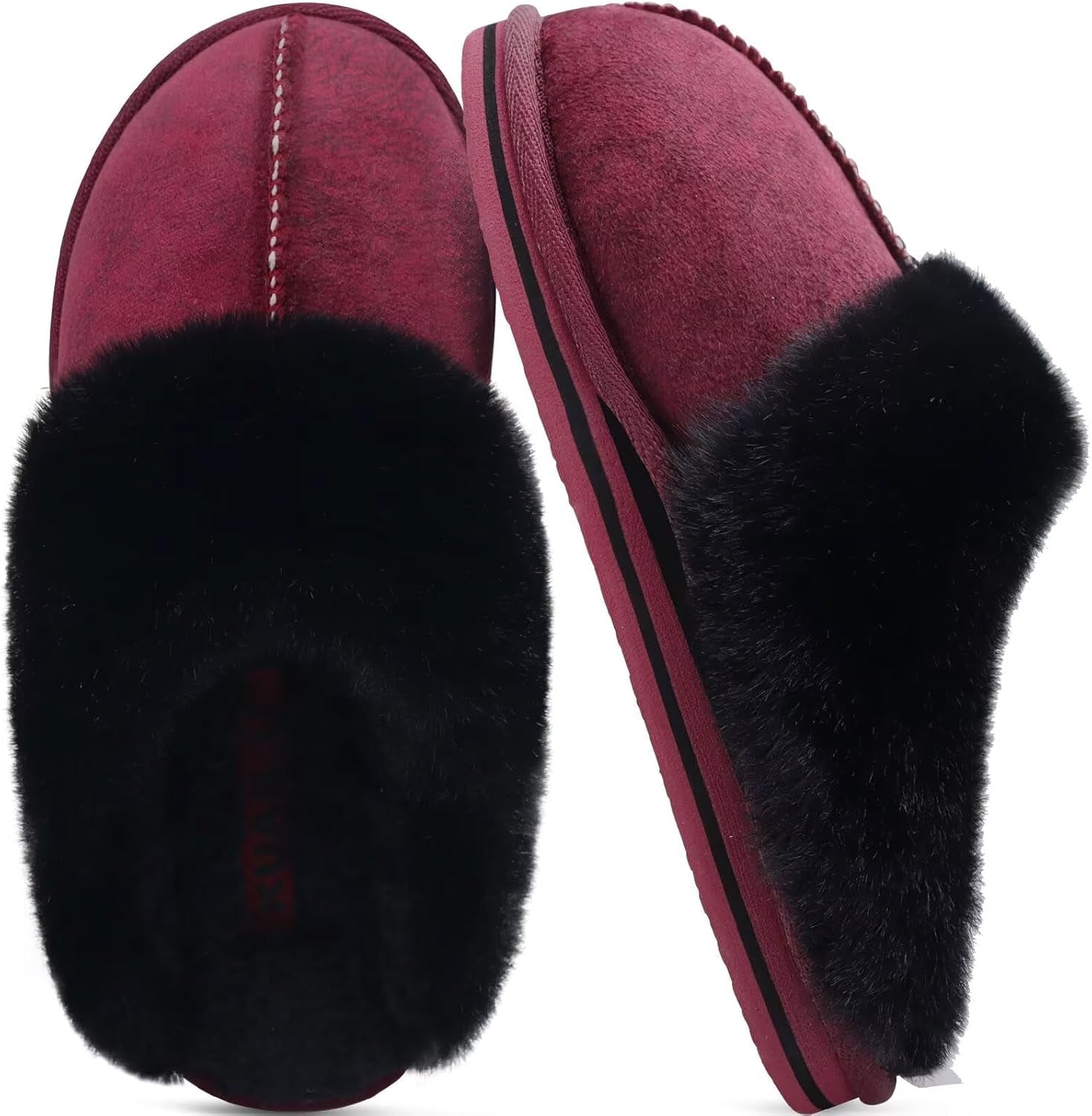 Womens Fluff Dual Memory Foam Slippers Ladies Cozy Arch Support Warm Scuff Slippers Slip on Comfy Winter House Shoes with Non-Slip Indoor Outdoor Hard Sole