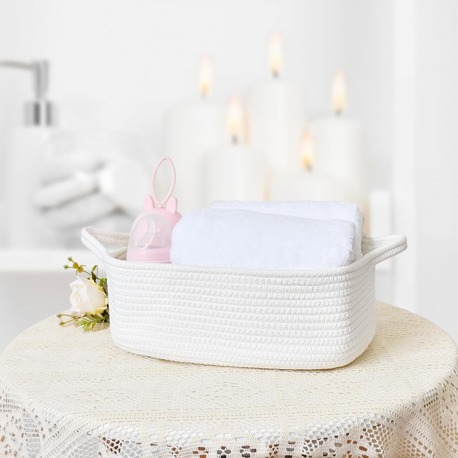 Small Storage Basket with Handles, Cotton Rope Woven Dog Cat Toy Bin, Decorative Shelves Closet Organizing for Nursery Laundry Bedroom, 14.2''X 11''X 5.1''