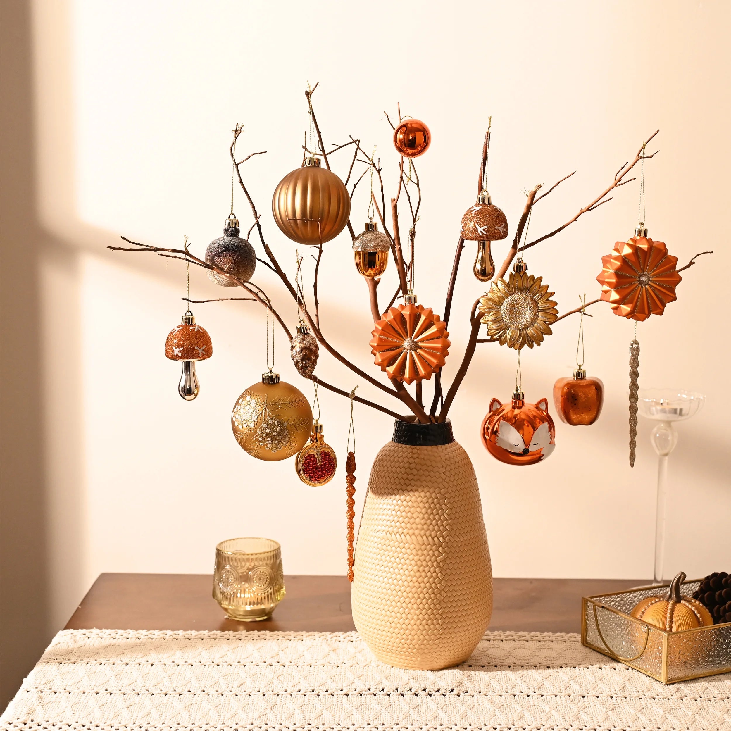 50Ct Fall Decor Shatterproof Fall Ornaments Fall Decorations for Home, Orange Hanging Thanksgiving Decorations with Fox Flowers for Harvest Holiday Party Gift