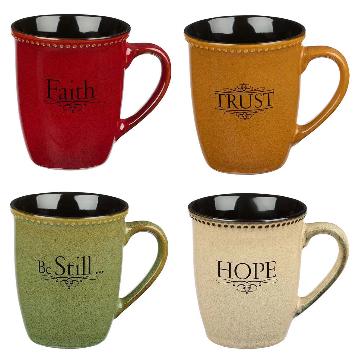 Set of Four Rustic Stoneware Coffee/Tea Mugs W/Bible Verses Sage Green, Ivory, Paprika Red, Pumpkin Orange Inspirational Coffee/Tea Cup for Men and Women