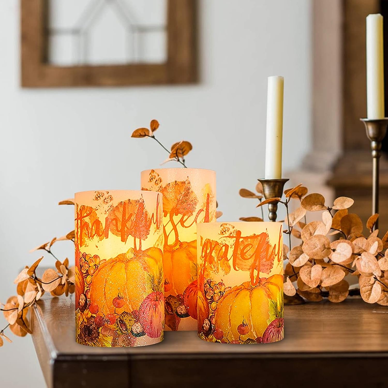 Pumpkin Flameless Candles with Remote Real Wax LED Candles - Home Party Christmas Botanical Fall Thanksgiving Decor - Set of 3