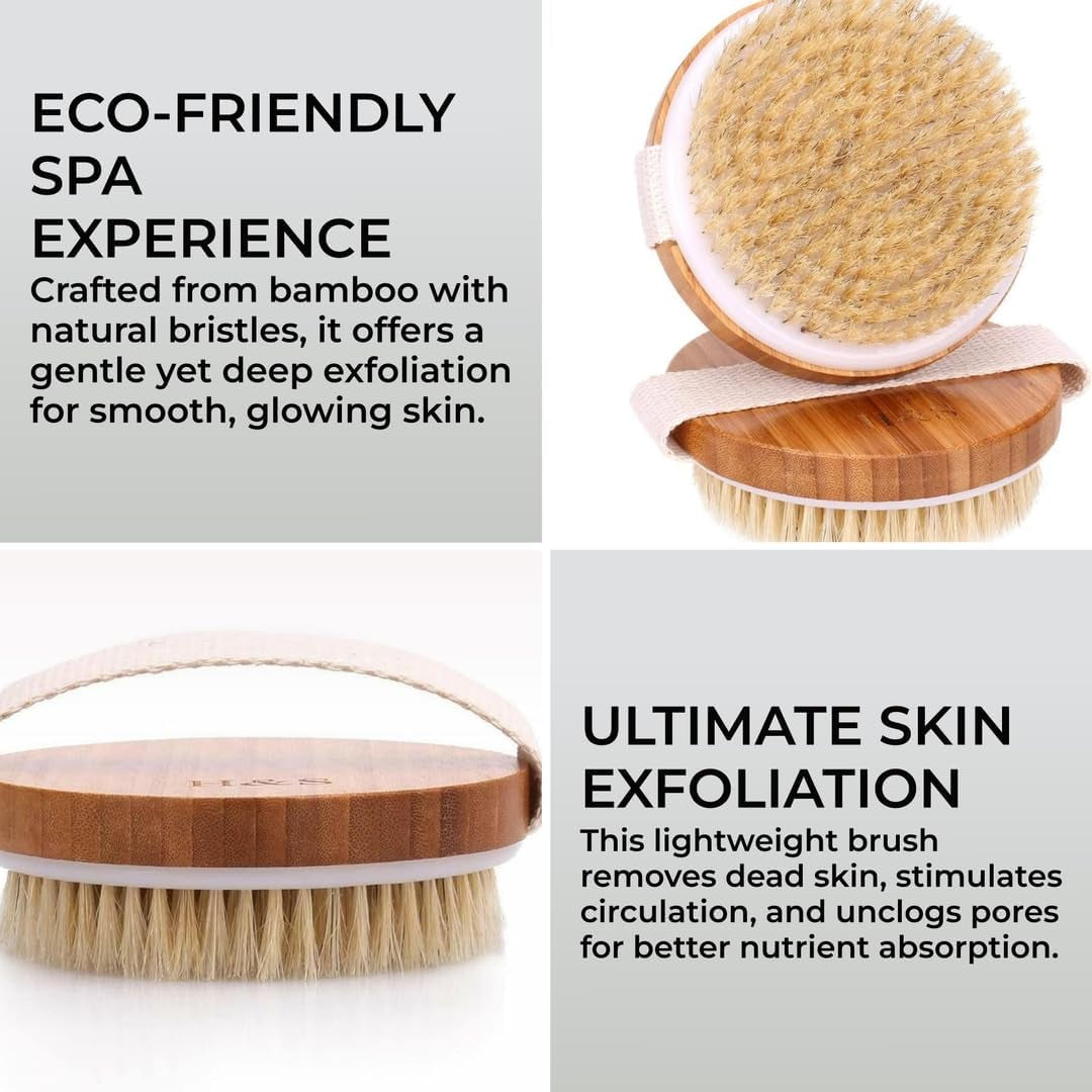 round Body Brush for Exfoliating Skin, 2 Pcs – Natural Bristles Cellulite Shower Scrubber for Wet & Dry Use