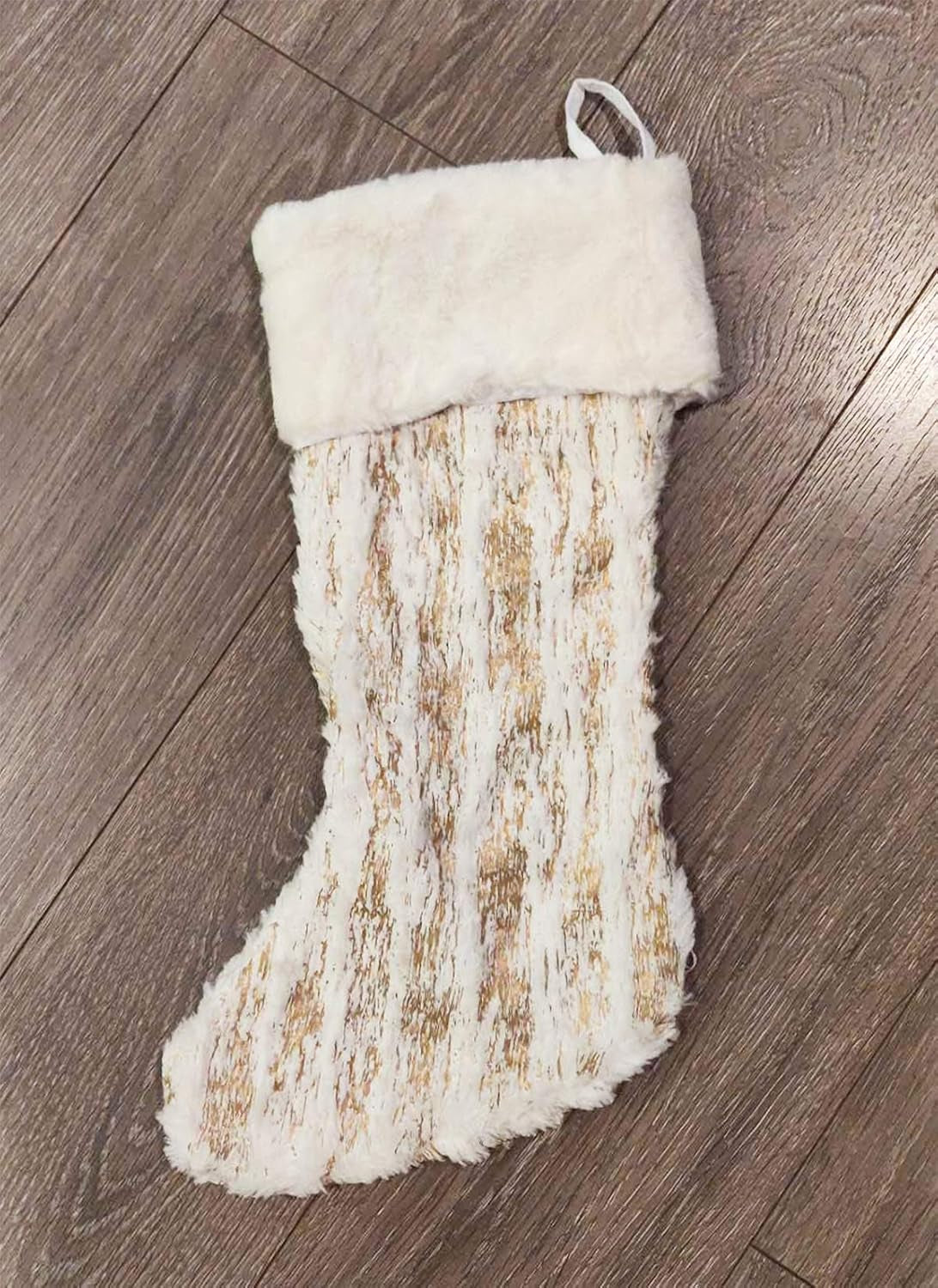 Holiday Brushed Foil Print Faux Fur Christmas Stocking 8 X 19 Inch - Gold Metallic Design Hanging Stocking for Home, Holiday Tree Decor, Indoor and Special Occasion