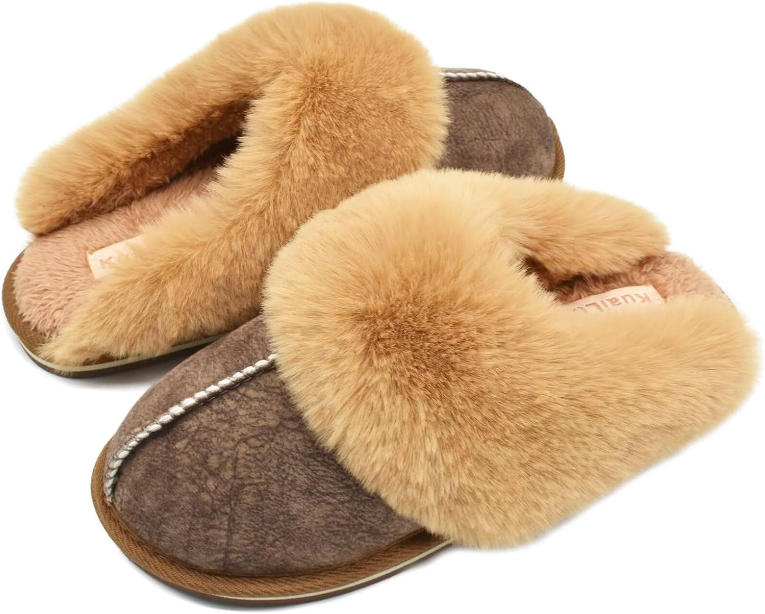 Womens Fluff Dual Memory Foam Slippers Ladies Cozy Arch Support Warm Scuff Slippers Slip on Comfy Winter House Shoes with Non-Slip Indoor Outdoor Hard Sole