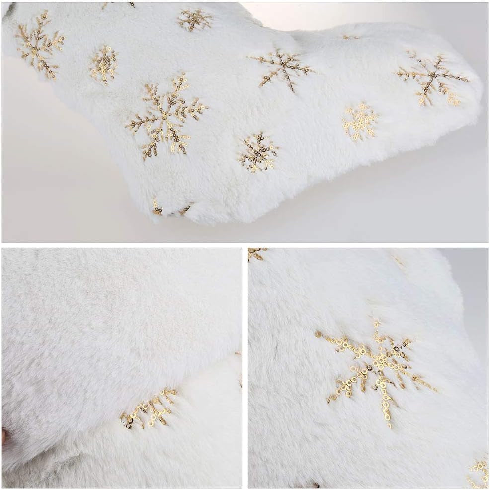 2PCS Plush Christmas Stockings White Faux Fur Large 56Cm Deluxe Hanging Xmas Stockings with Gold Sequin Snowflake for Christmas Fireplace Decorations Socks (White-G, 22Inches)