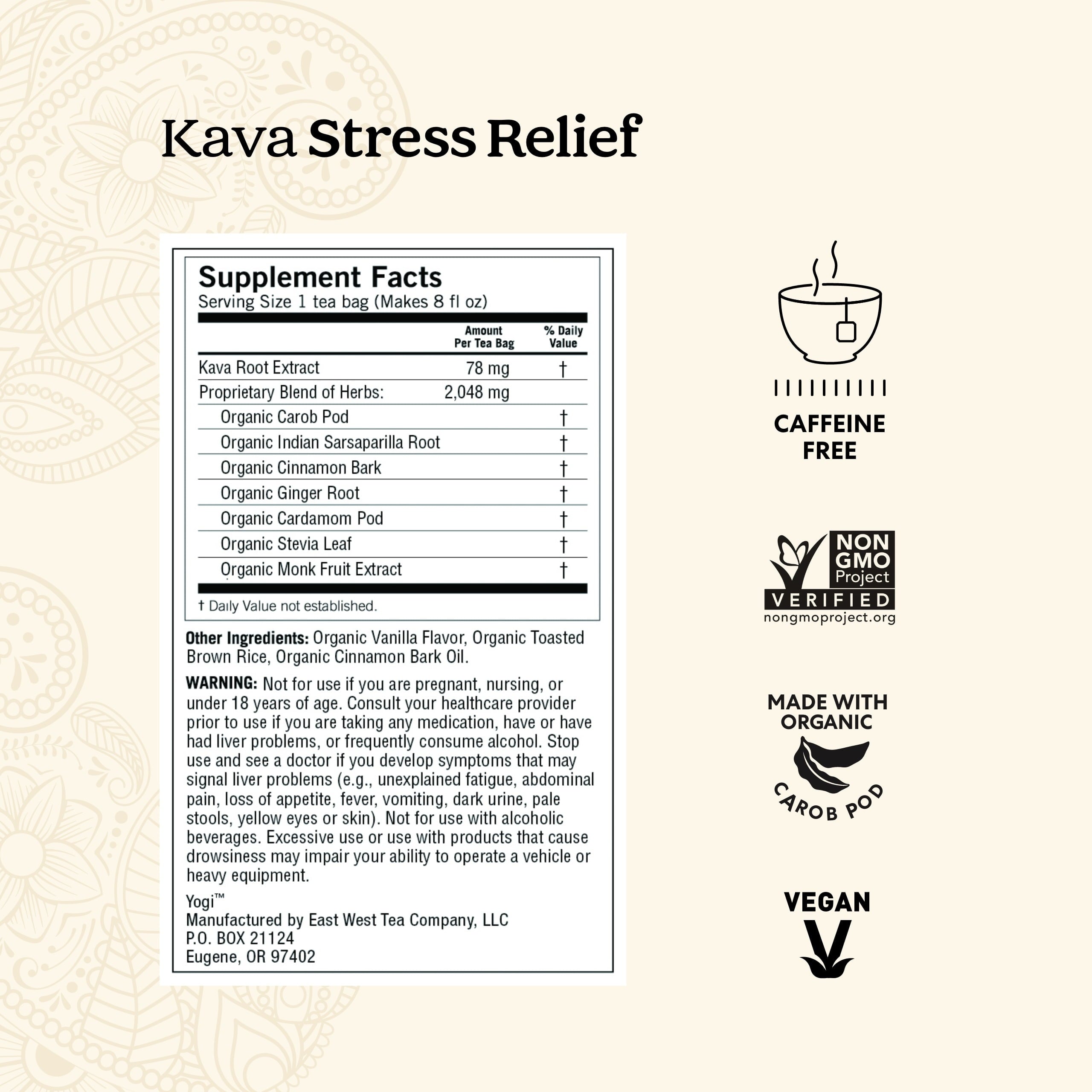 Tea Kava Stress Relief, Caffeine-Free Herbal Tea Bags, 16 Count