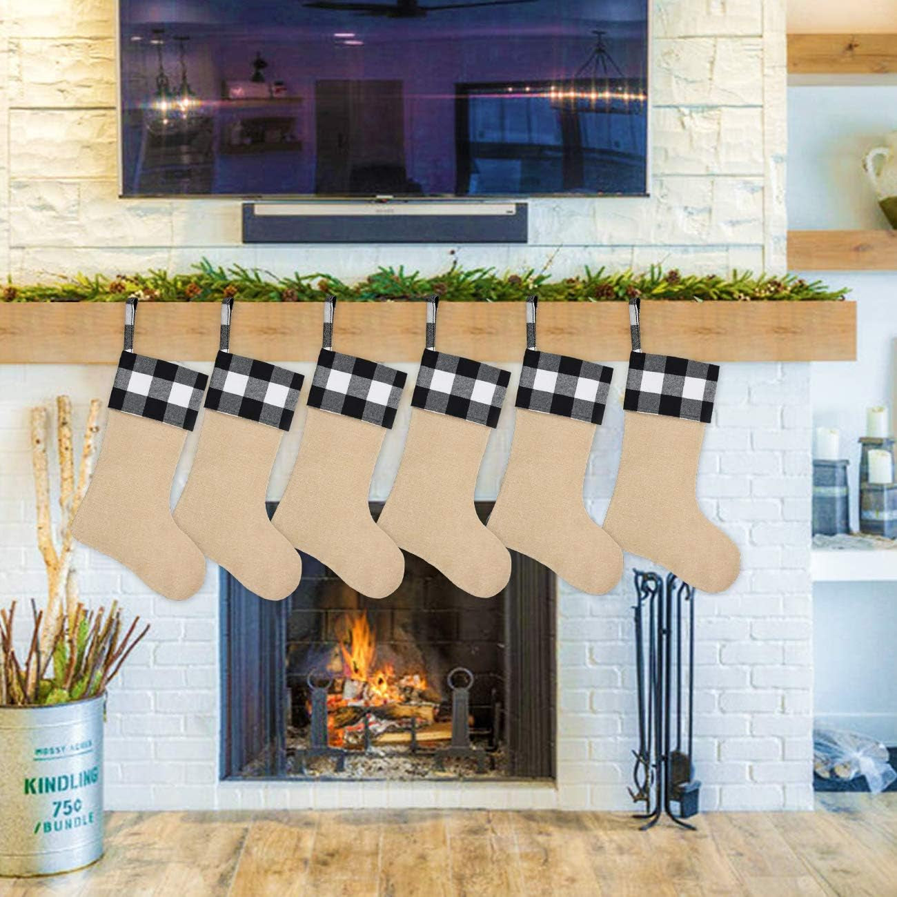 6 Pack Burlap Christmas Stockings- 18 Inch Big Christmas Stockings with Buffalo Check Cuff Fireplace Hanging Stockings for Family Christmas Decoration Holiday Season Party Decor