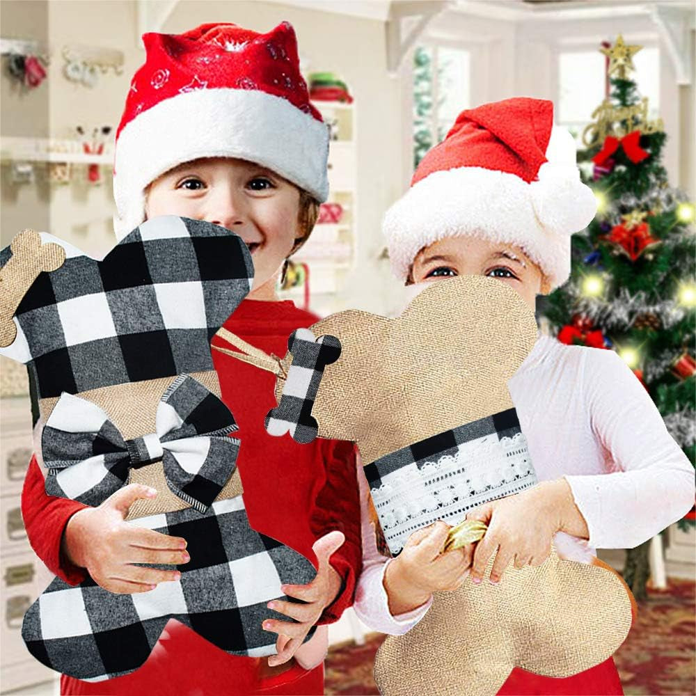 2 Pack Pet Dog Christmas Stockings Buffalo Black White Plaid Burlap Large Bone Shape Hanging Christmas Stocking for Dogs Pets