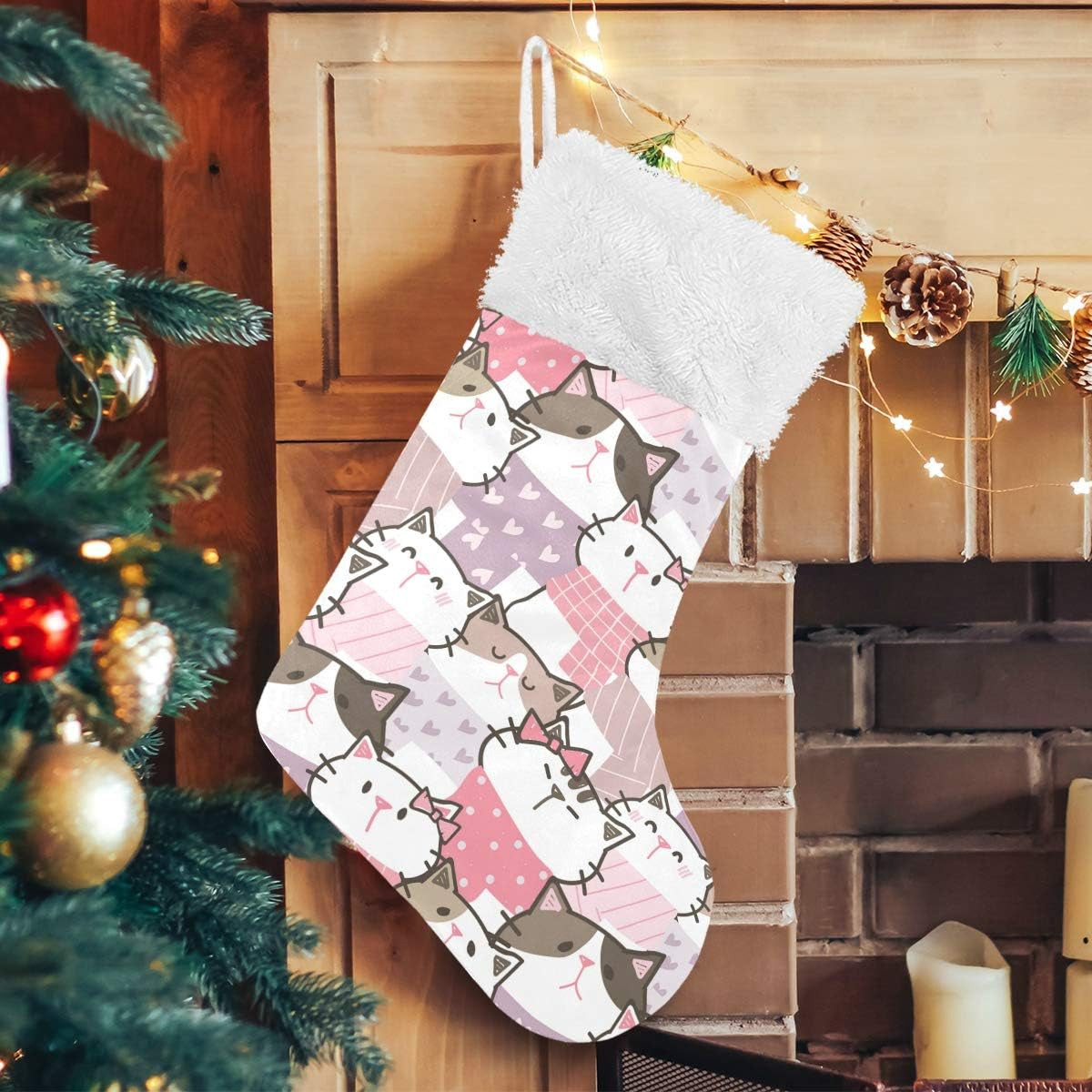 Christmas Stockings, 18 Inches Burlap with Plush Faux Fur Cuff Stockings Cute Cartoon Cat Kitten Print Family Holiday Xmas Party Decorations