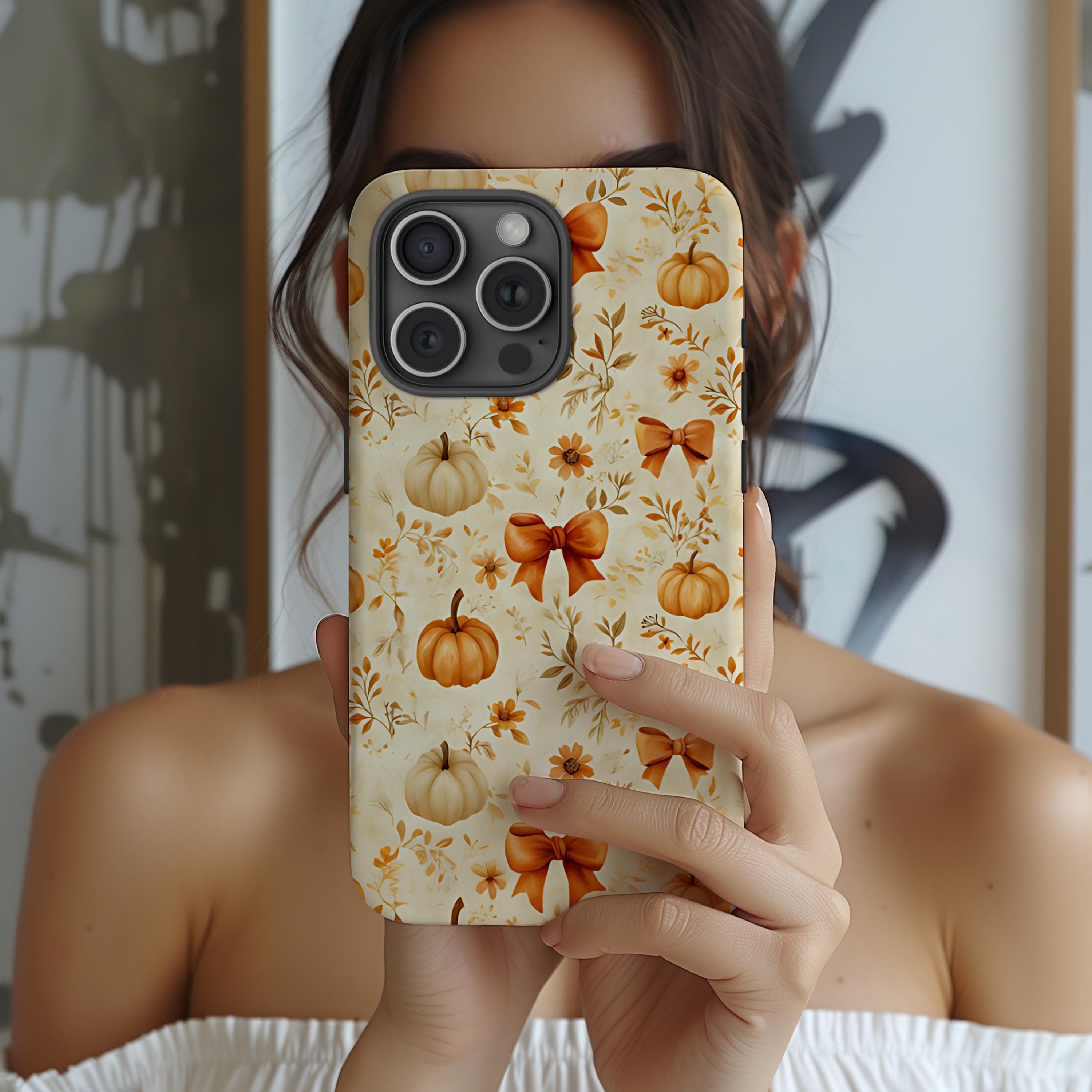 Pumpkin and Bows Phone Case, Halloween Gift, Fall Accessories, Iphone 16 15 14 13 12 11 Pro Max 8 Plus, Samsung Galaxy S23 S22 S20 Ultra