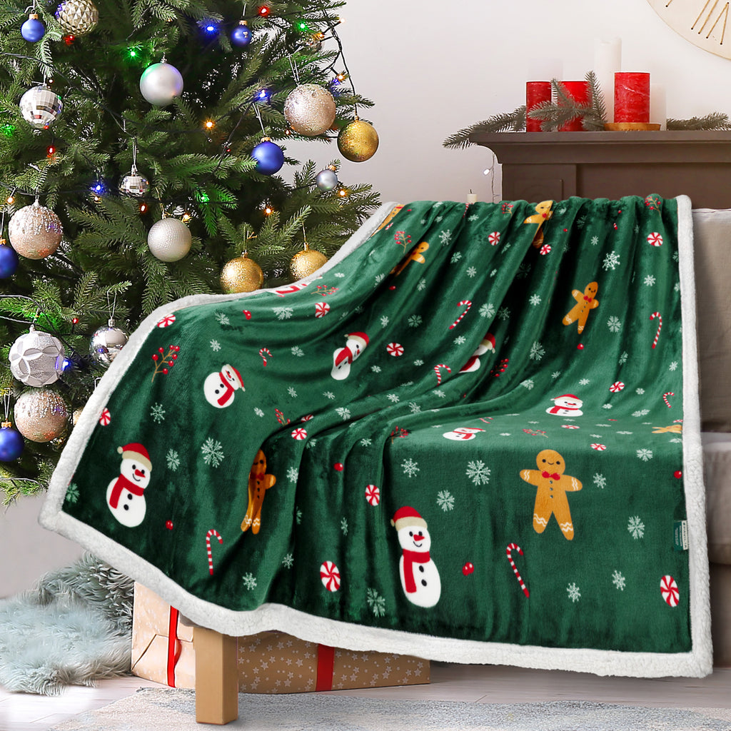 Christmas Blanket Holiday Theme Print Warm Sherpa Fleece Throw Sofa Couch Bed