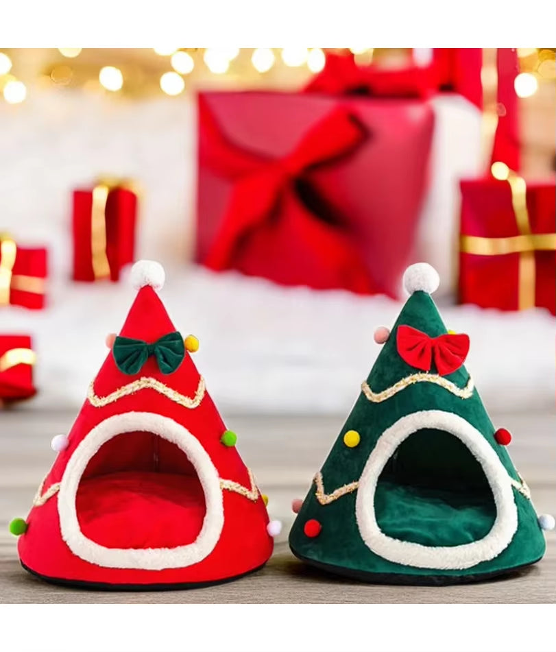 Christmas Tree Shape Cat Nest Semi-Enclosed Cat Beds Plush Warm Cat House Pet Tent House for Puppy Small Dog Bed