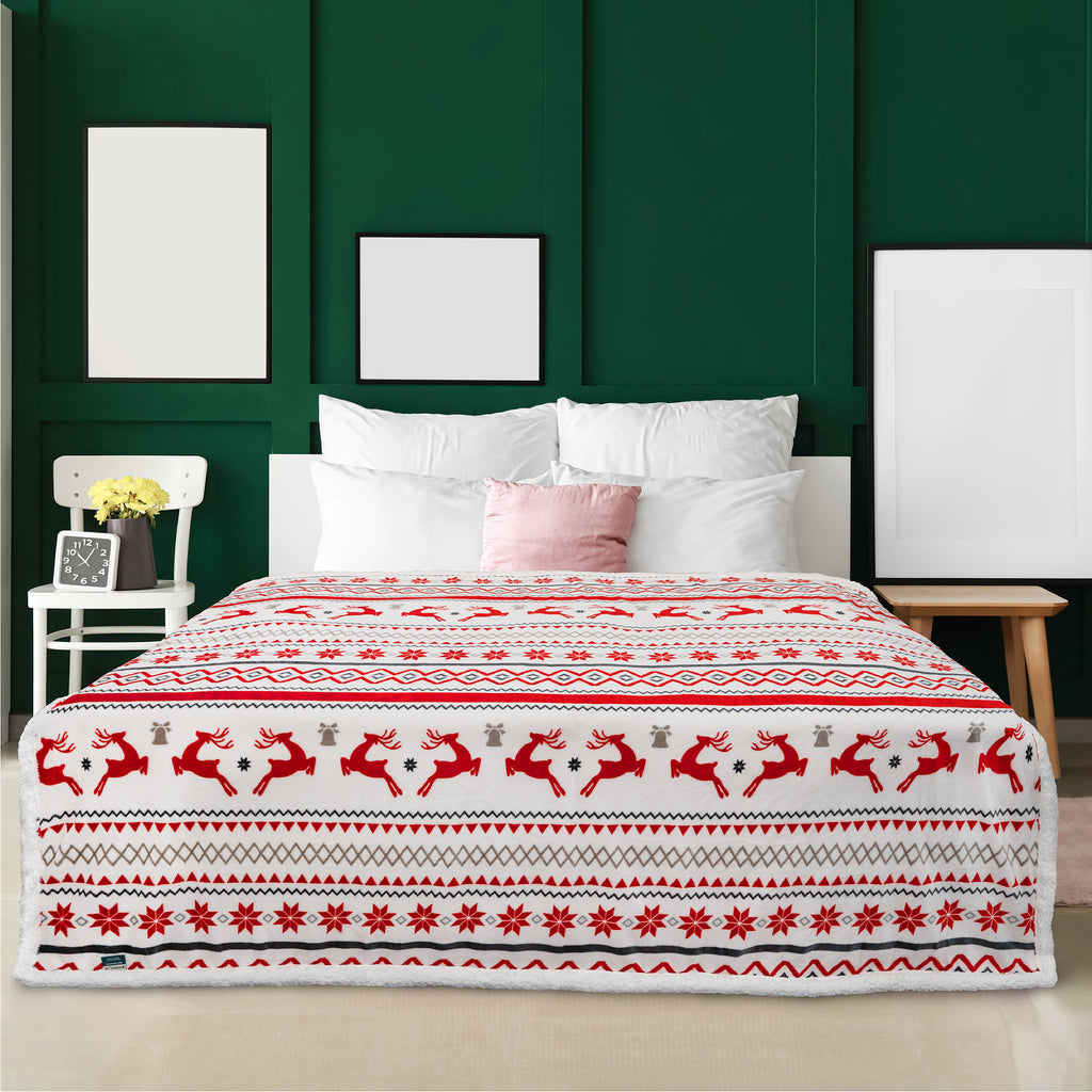 Christmas Blanket Holiday Theme Print Warm Sherpa Fleece Throw Sofa Couch Bed