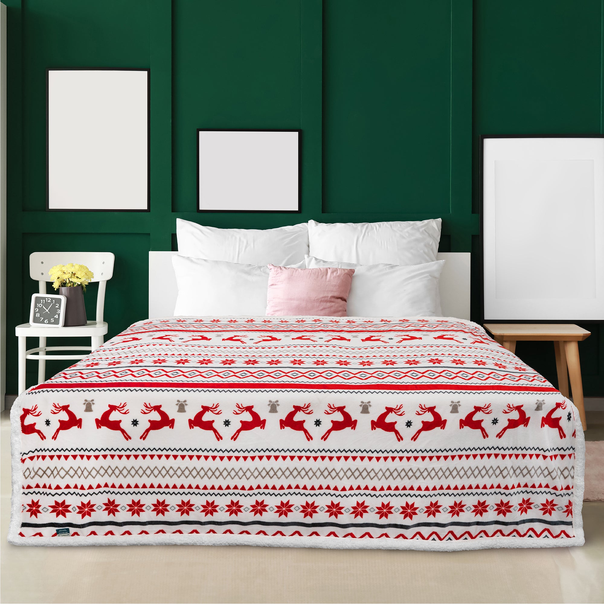 Christmas Blanket Holiday Theme Print Warm Sherpa Fleece Throw Sofa Couch Bed