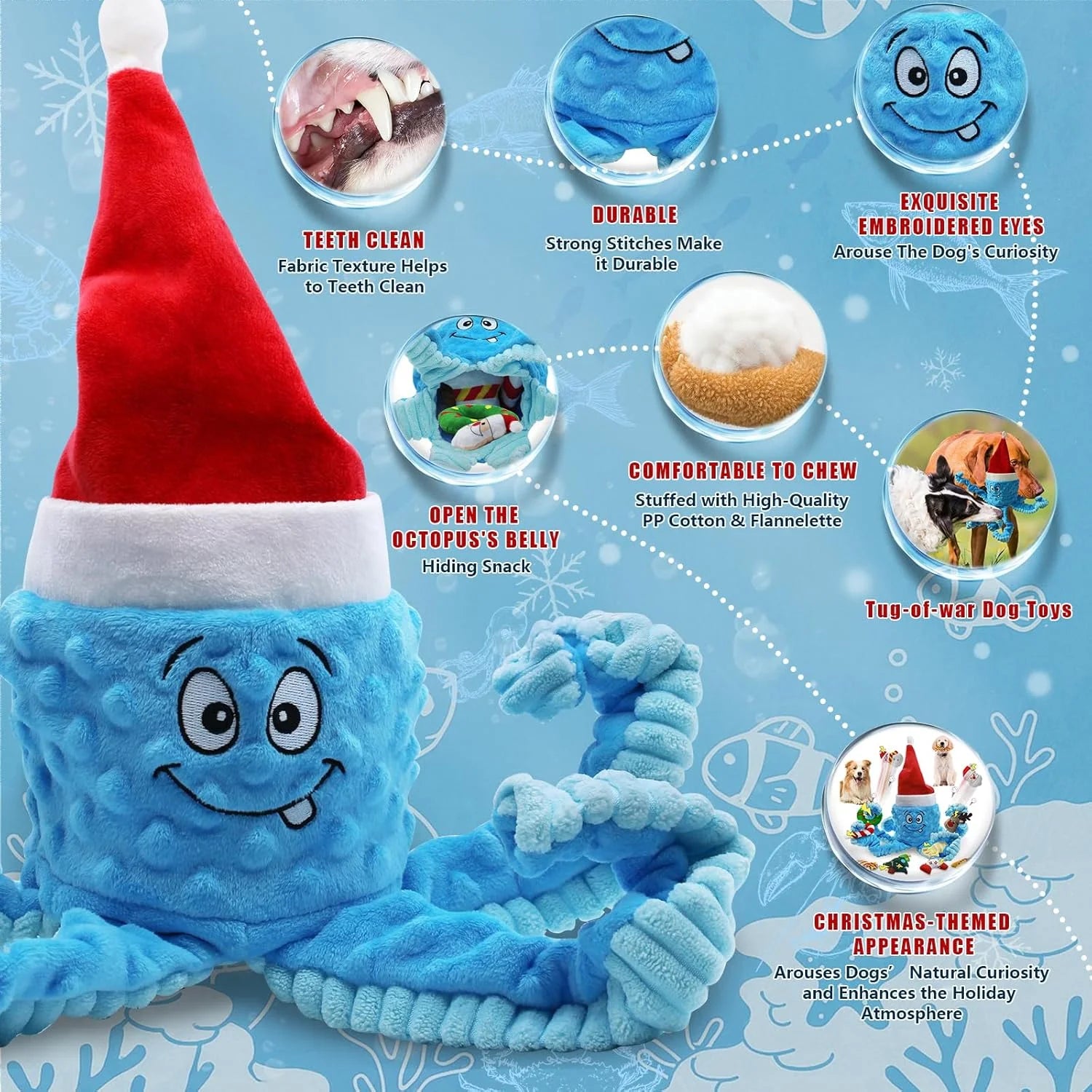 Squeaky Dog Toys, Christmas Octopus Dog Chew Toy, Interactive Tug of War Dog Plush Toy