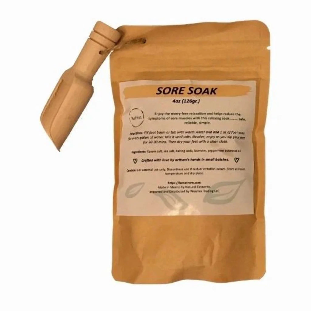. Sore Soak. 4 Oz. Packed in an Eco-Friendly Bag with Bamboo Scoop.