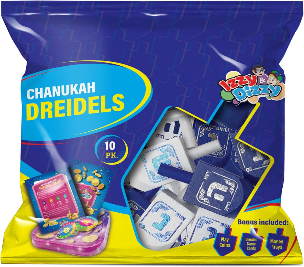 Hanukkah Dreidels - Blue and White Wooden Dreidel - 10 Pack Medium - Hand Painted - Game Instructions Included
