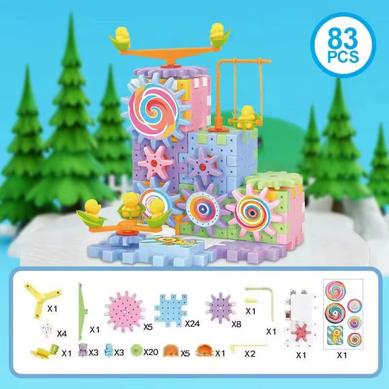 Montessori Kids Electric Gear Building Toy Set Spinning Gears Set Gear Rail Car Big Building STEM Construction Christmas Toy