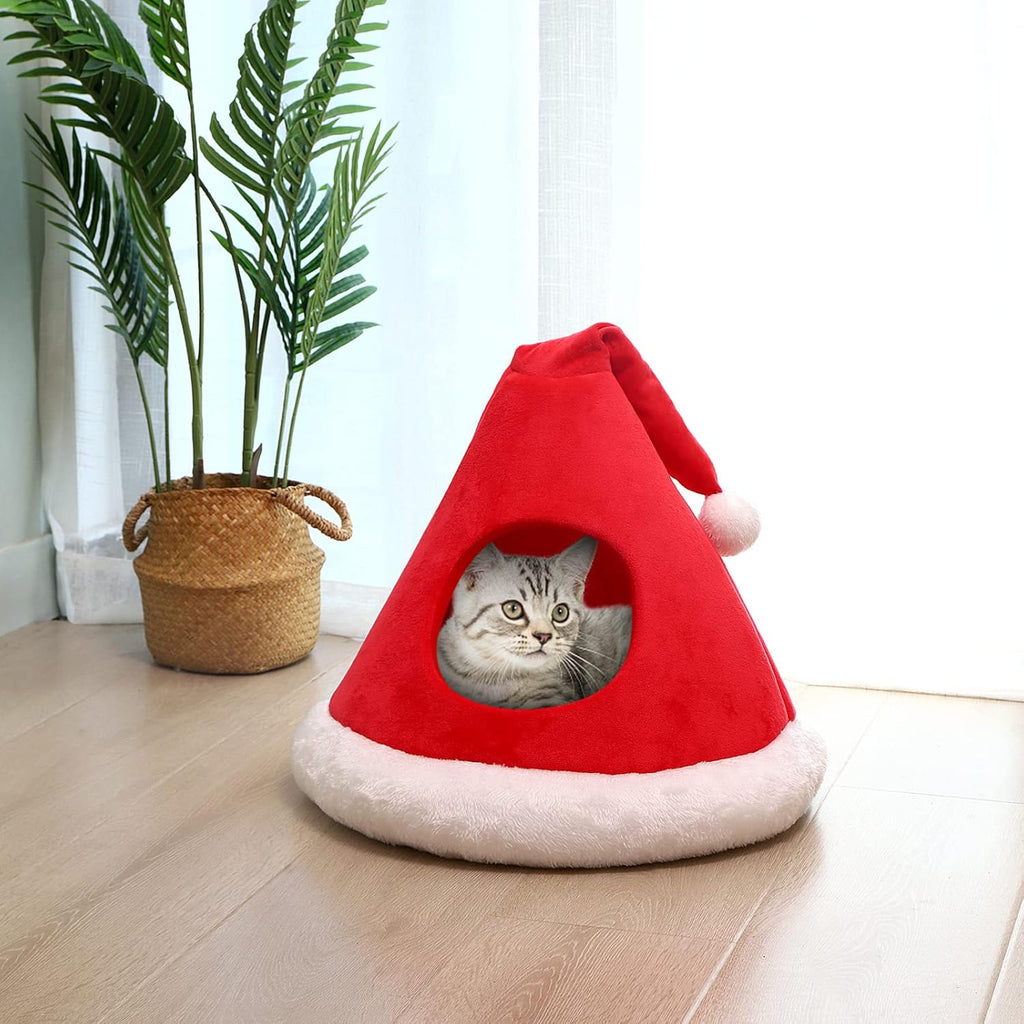 Cat Bed Christmas Hat Cat Tent House Self-Warming 2 in 1 Removable Comfortable Triangle Pet Teepee Xmas Dog Cave in Winter (Red)