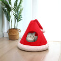 Cat Bed Christmas Hat Cat Tent House Self-Warming 2 in 1 Removable Comfortable Triangle Pet Teepee Xmas Dog Cave in Winter (Red)