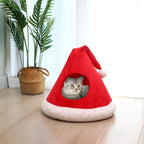 Cat Bed Christmas Hat Cat Tent House Self-Warming 2 in 1 Removable Comfortable Triangle Pet Teepee Xmas Dog Cave in Winter (Red)