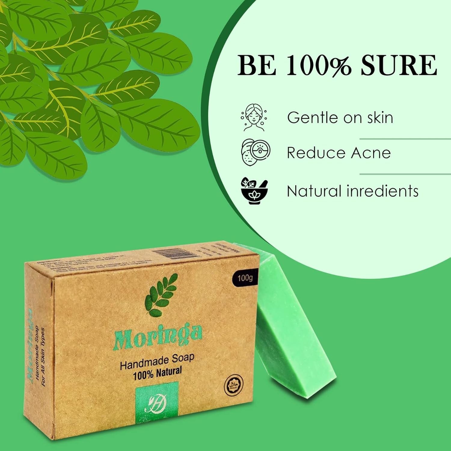 Moringa Handmade Soap – Natural Moisturizing, and Eco-Friendly Soap for Skincare, Bath and Body Care Gentle Moringa Bar Soap for Dry Skin(100G)