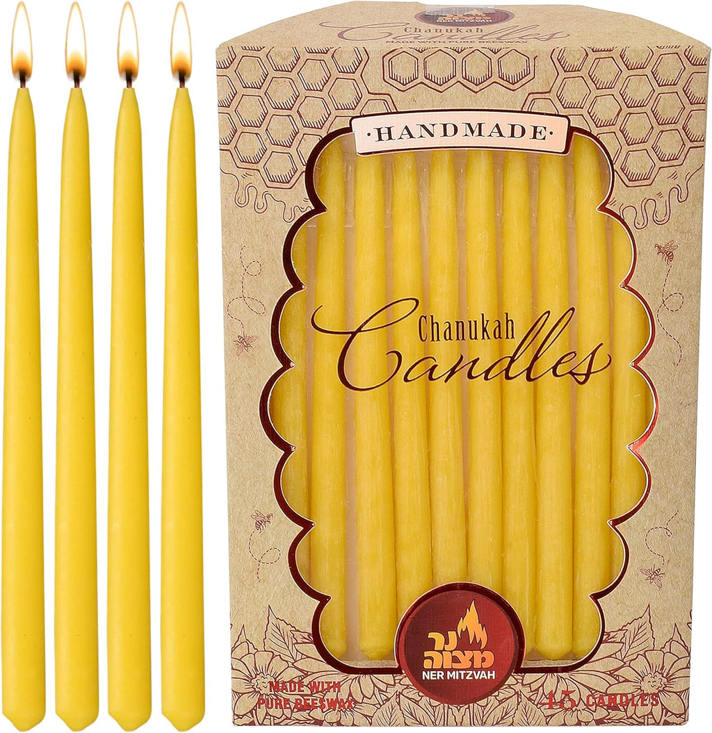 Beeswax Chanukah Candles Most Menorahs - Beeswax Candles, Premium Quality Pure Bees Wax for All 8 Nights of Hanukkah - Yellow - Standard Size Fits, 45 Count