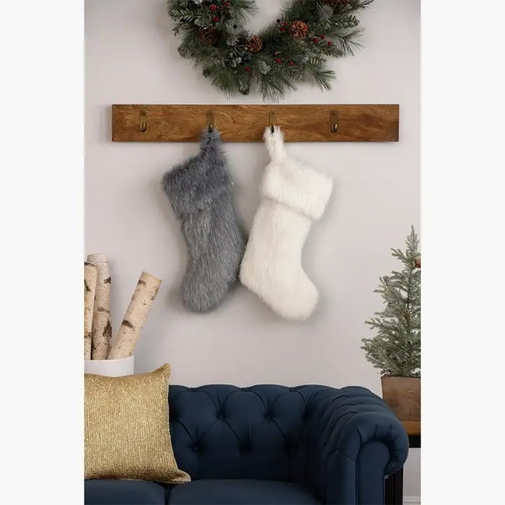 Holiday Exquisite Faux Fur with Silver Metallic Christmas Stocking, Grey, 8" W X 19" L