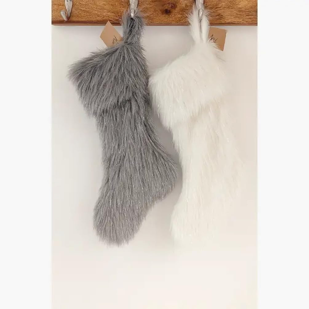 Holiday Exquisite Faux Fur with Silver Metallic Christmas Stocking, Grey, 8" W X 19" L