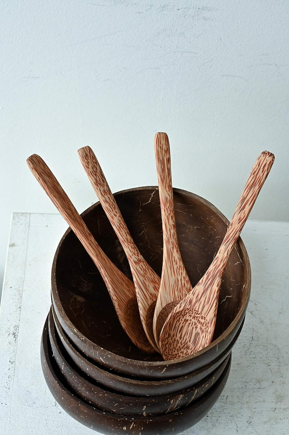 Natural Coconut Bowls and Spoons Set of 2 - Polished with Coconut Oil, Durable, Lightweight, Useful, Large Wooden Serving Bowl for Salads, Breakfast, Decoration, Vegan Organic Friendly