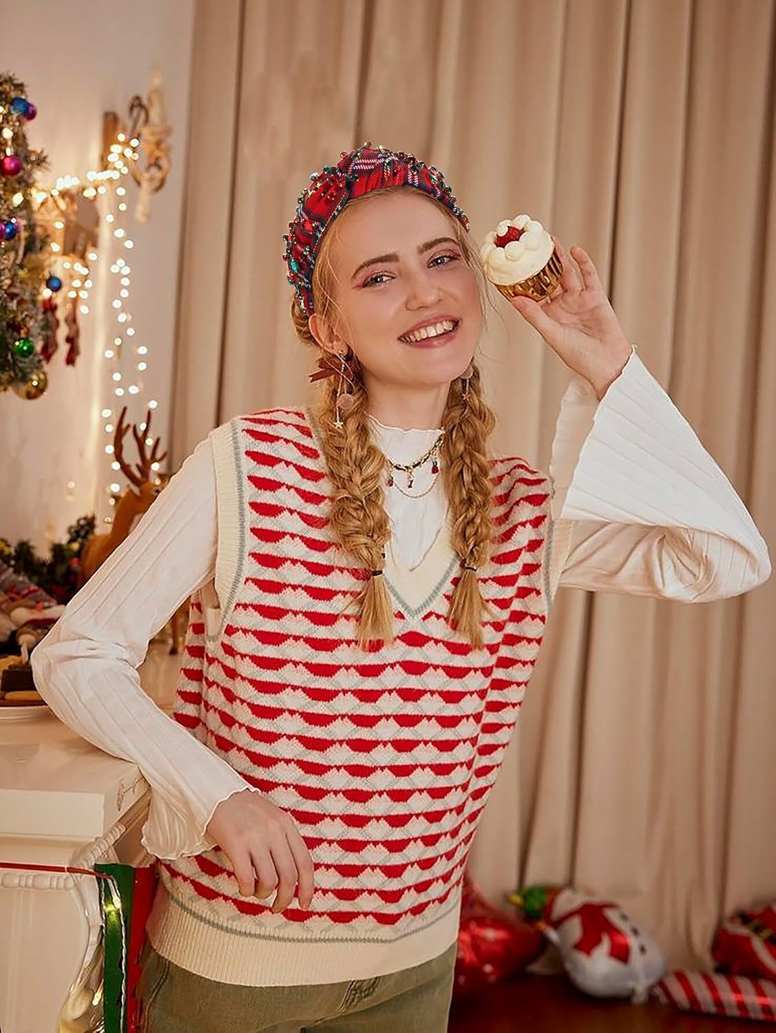 Christmas Headband for Women Holiday Accessories Decorations Xmas Tree Snowflake Hohoho Crystal Knotted Headband Christmas Festive Headwear Party Gifts (Candy Cane Plaid)