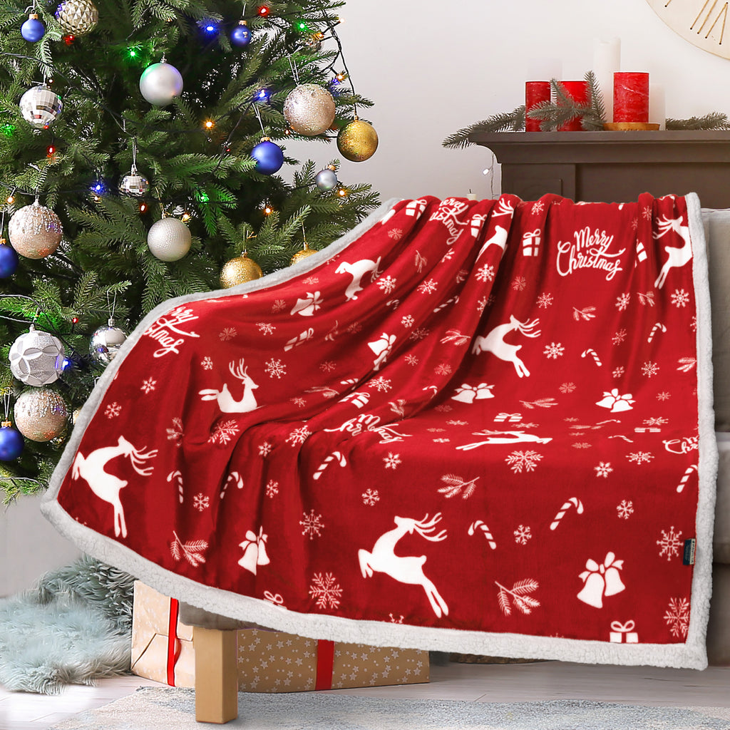 Christmas Blanket Holiday Theme Print Warm Sherpa Fleece Throw Sofa Couch Bed