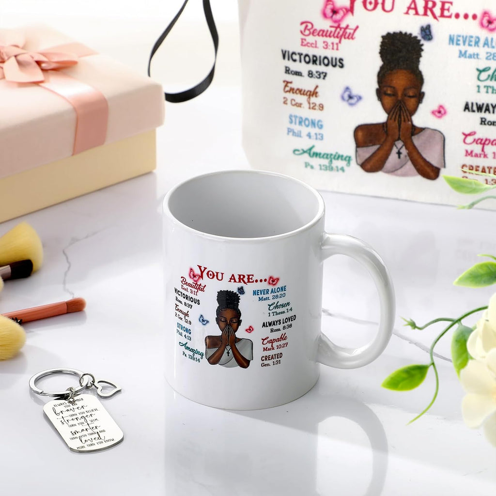 3 Pcs Christian Gifts for African American Women Bible Verse Makeup Bag Christian Pencil Pouch 11 Oz Religious Coffee Mug Inspirational Keychain Faith Based You Are Loved Gifts