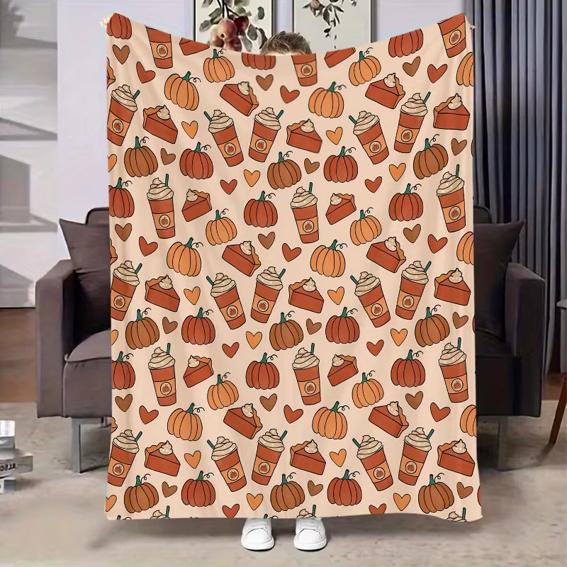 1Pc Pumpkin Spice Latte Fall Thanksgiving Blanket - Soft Flannel Throw with Pumpkin, Beige Autumn Decor for Home, Office