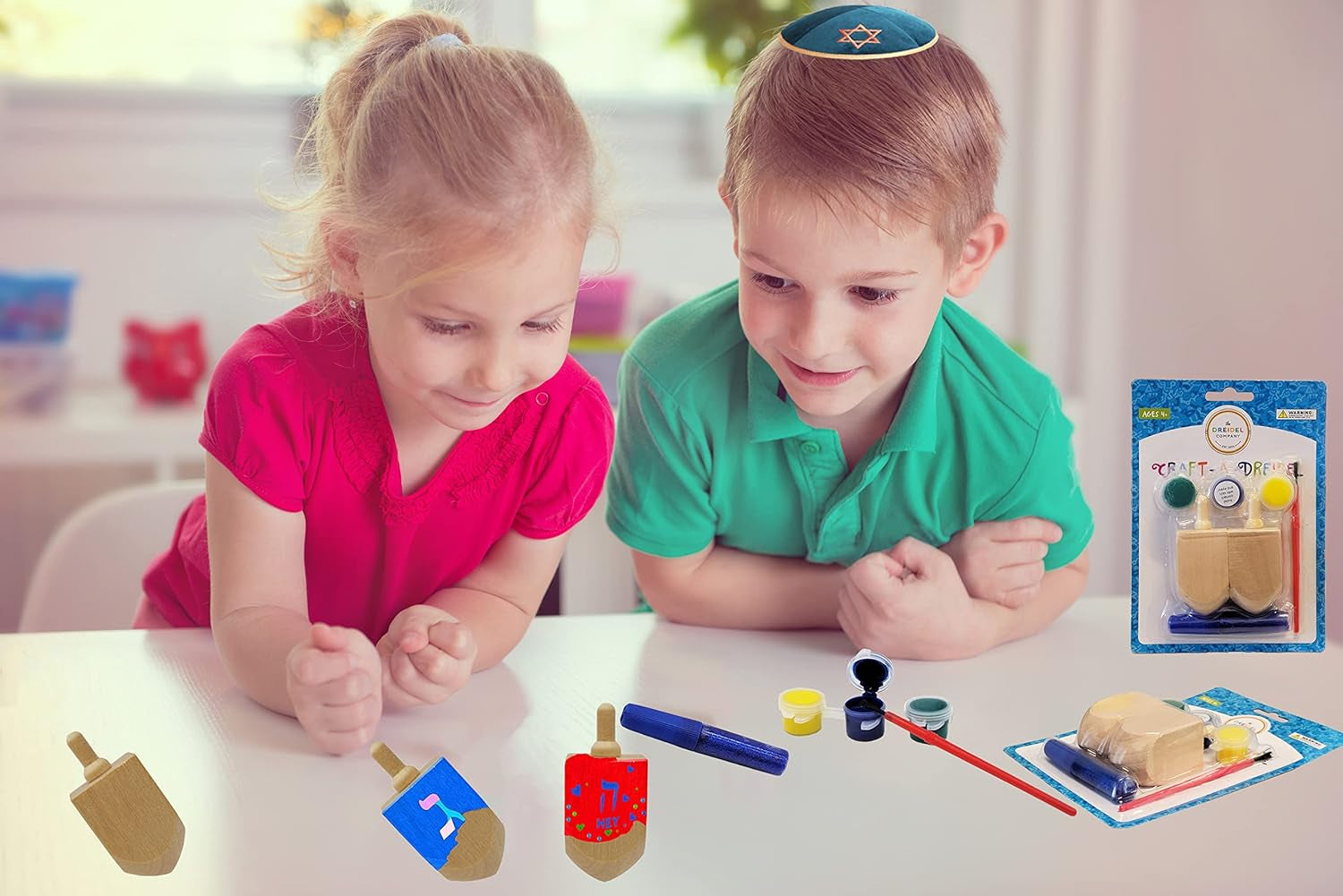 Craft-A-Dreidel, Create Your Own Custom, Kit Includes 2 Wooden Dreidels, 3 Colors, 1 Brush, 1 Glitter, Fun and Educational (2 Dreidels)