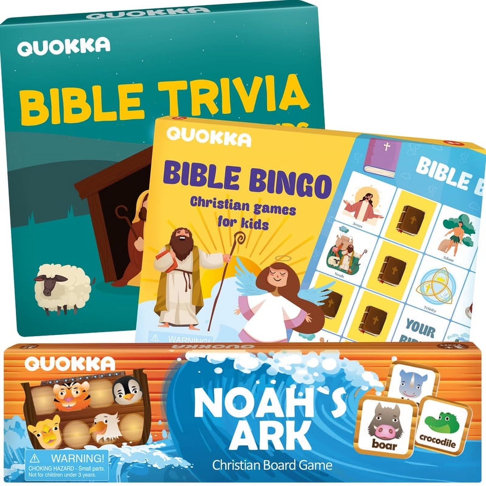 3X Set Bible Games for Kids 4-6 - Board Bingo Game - Bible Trivia for Family - Noah Ark Toy